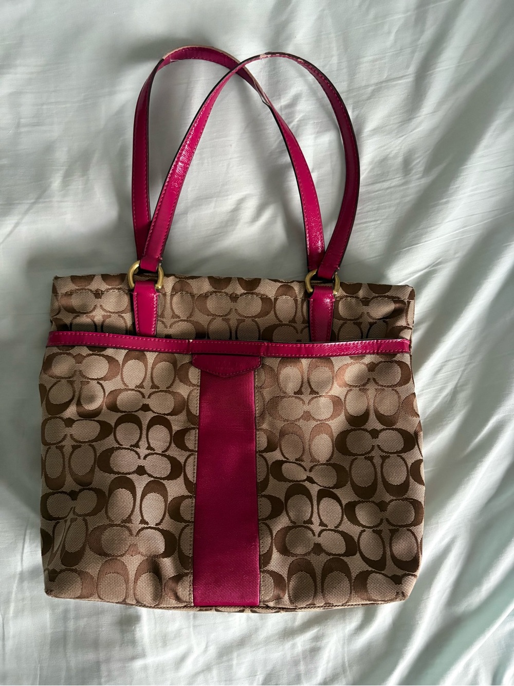 Coach Beige Logo Tote with Fuchsia Leather Trim